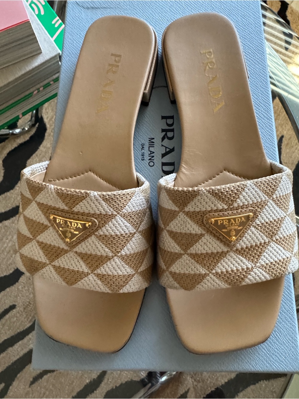 Authentic Prada Beige Donna Geometric Pattern Slide Mules with Gold Logo